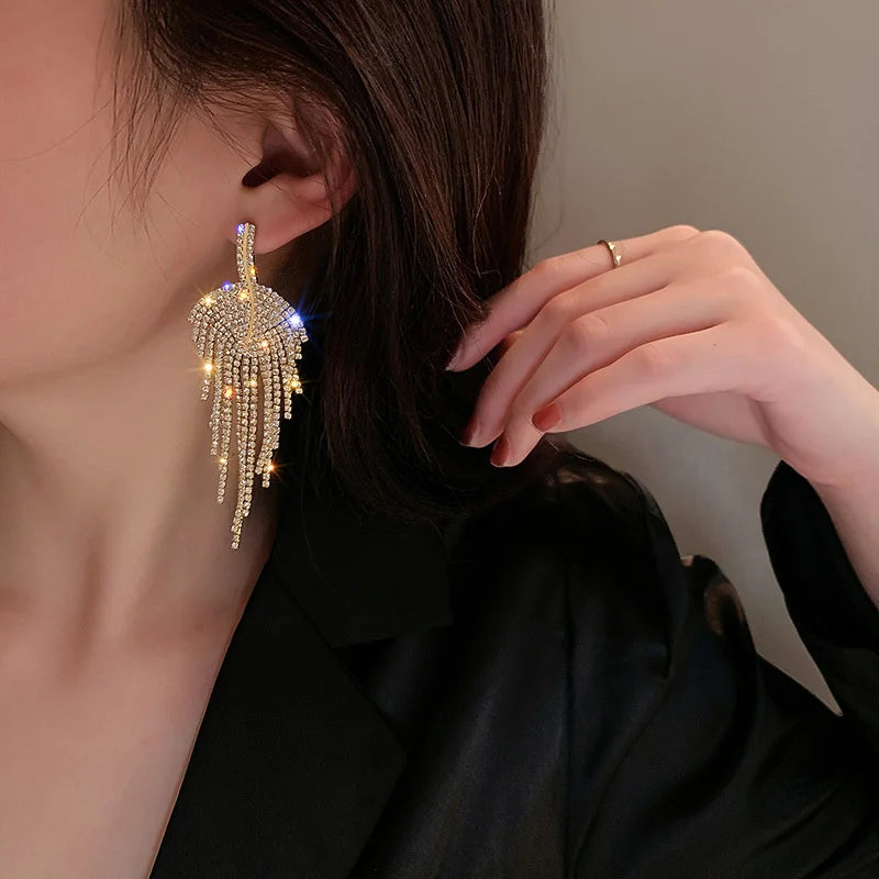 Long Tassel Rhinestone Drop Earrings Golden Leaf