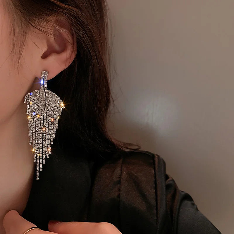 Long Tassel Rhinestone Drop Earrings Golden Leaf