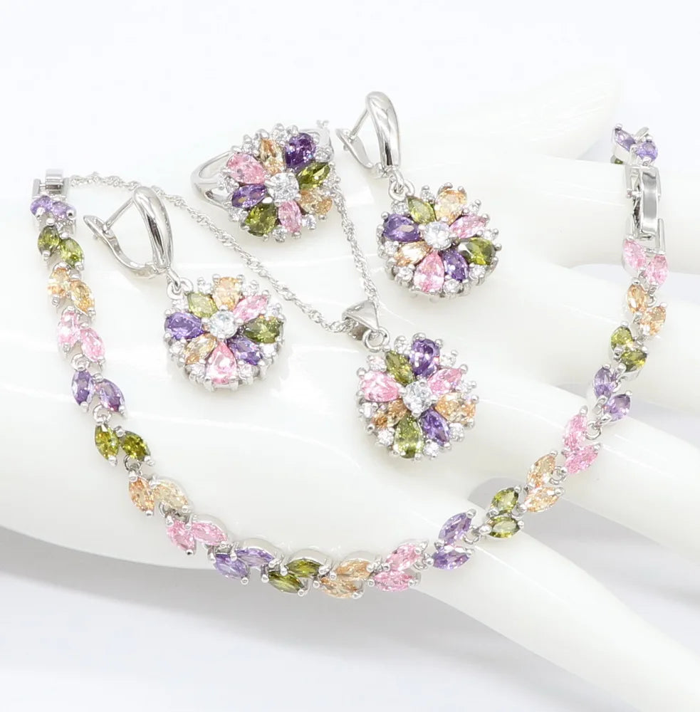 Multicolor Stones Zirconia  Sterling Silver Jewelry Sets