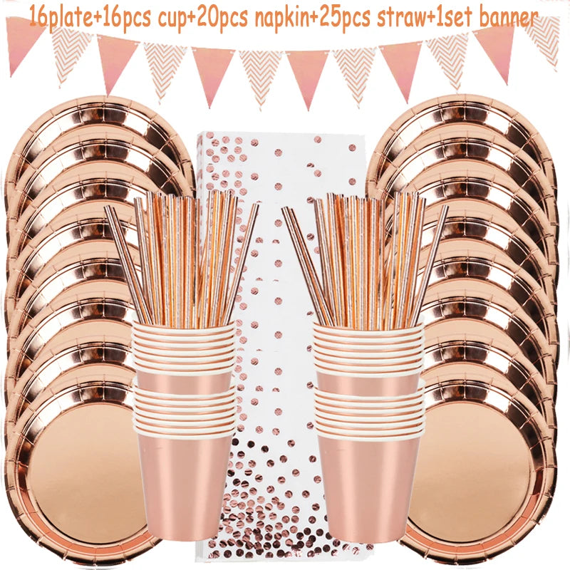 Rose Gold Birthday Decorations Disposable Tableware Set