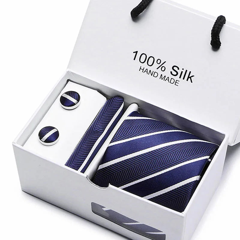 100% Silk Jacquard Necktie White Geometric Tie Hanky Cufflink Set