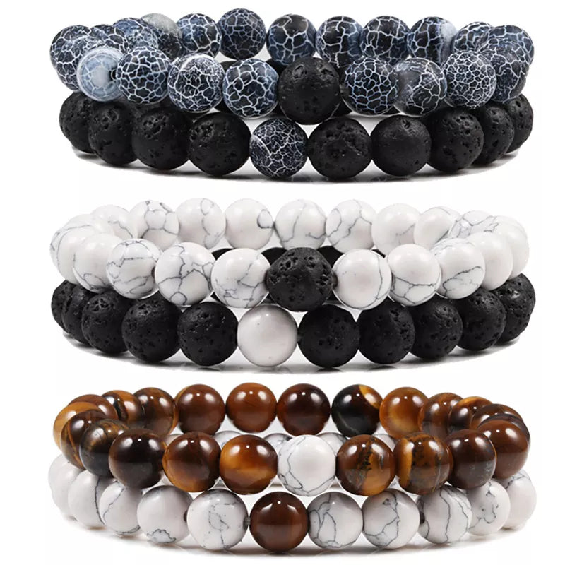 Set Bracelet Couples Distance Black White Natural Lava Stone Tiger Eye Beaded Yoga Bracelets for Men