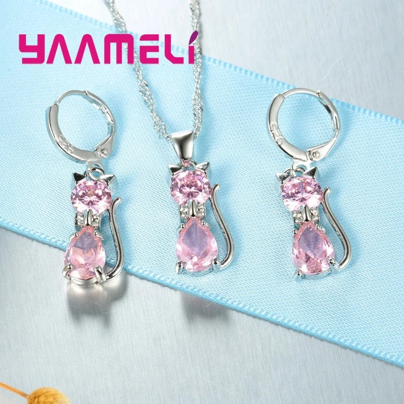 Cute Cat Pendant Necklace Huggie Earring