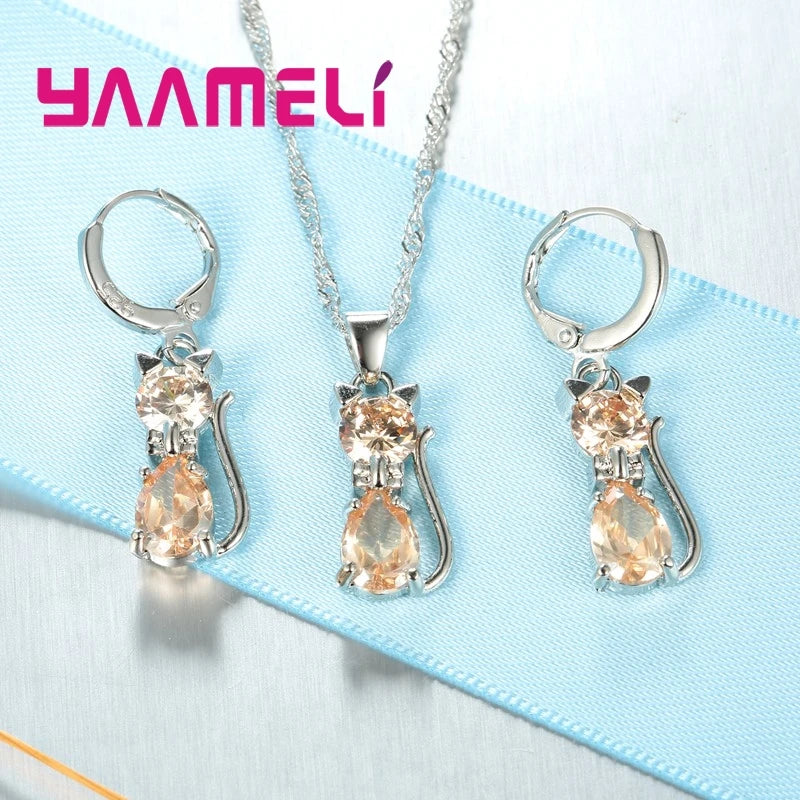 Cute Cat Pendant Necklace Huggie Earring