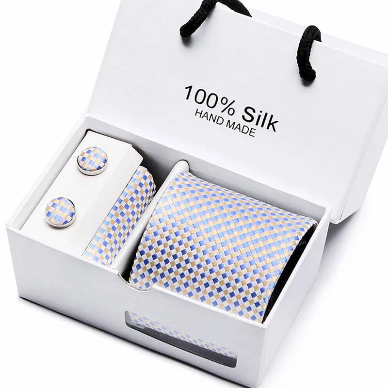 100% Silk Jacquard Necktie White Geometric Tie Hanky Cufflink Set