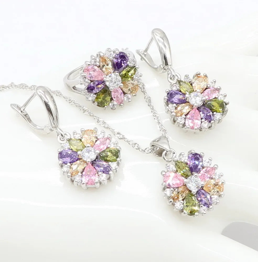 Multicolor Stones Zirconia  Sterling Silver Jewelry Sets