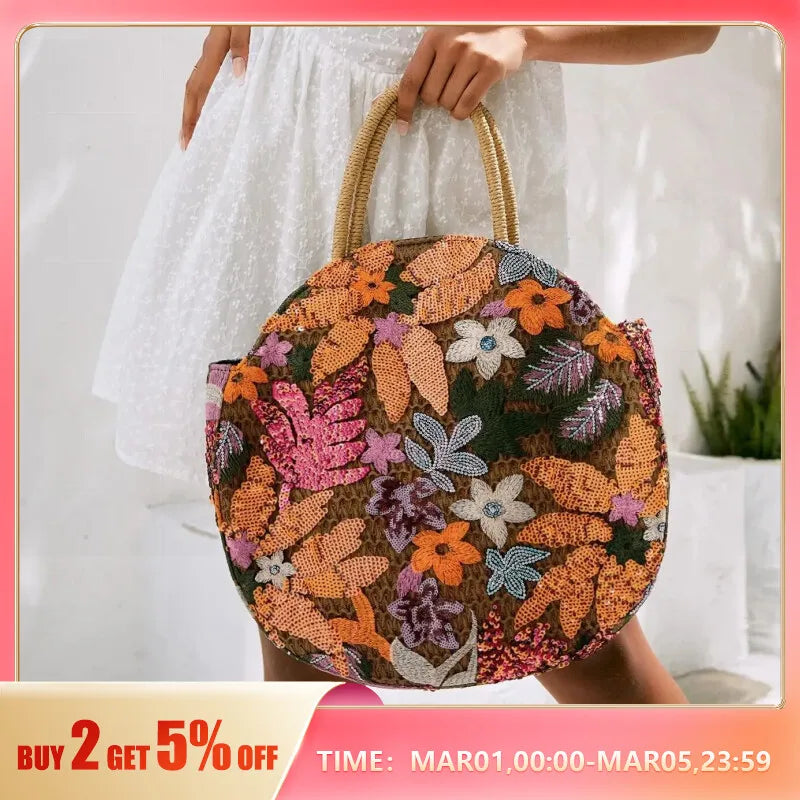 Floral Sequins and Straw Tote Bag,