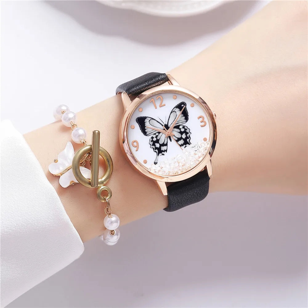 Simple Belt Ladies Watch Butterfly Pattern