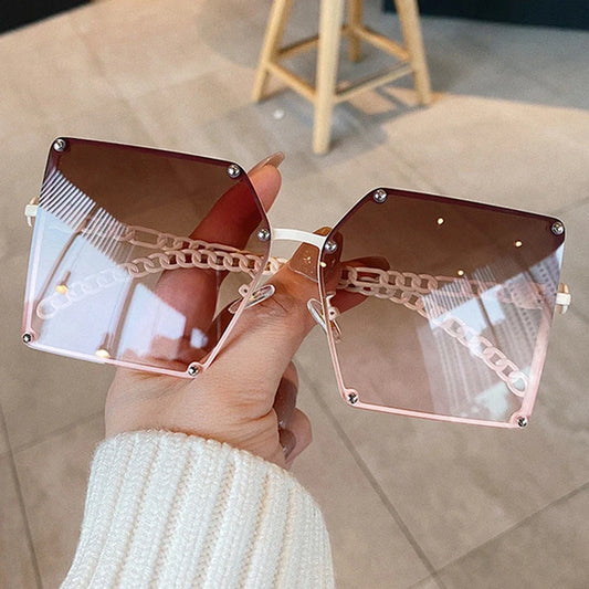 New Fashion Oversize Gradient Sunglasses Vintage Alloy Chain Frame