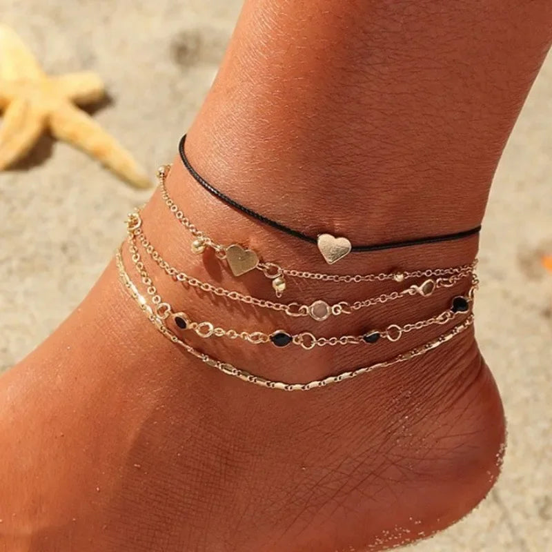 Fashion Heart Cross Rhinestone Multi-Layer Chain Anklet