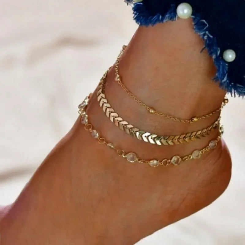 Fashion Heart Cross Rhinestone Multi-Layer Chain Anklet