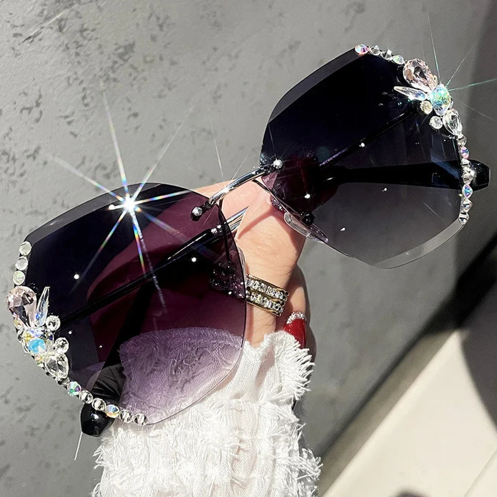 Luxury Brand Design Vintage Rimless Rhinestone Sunglasses