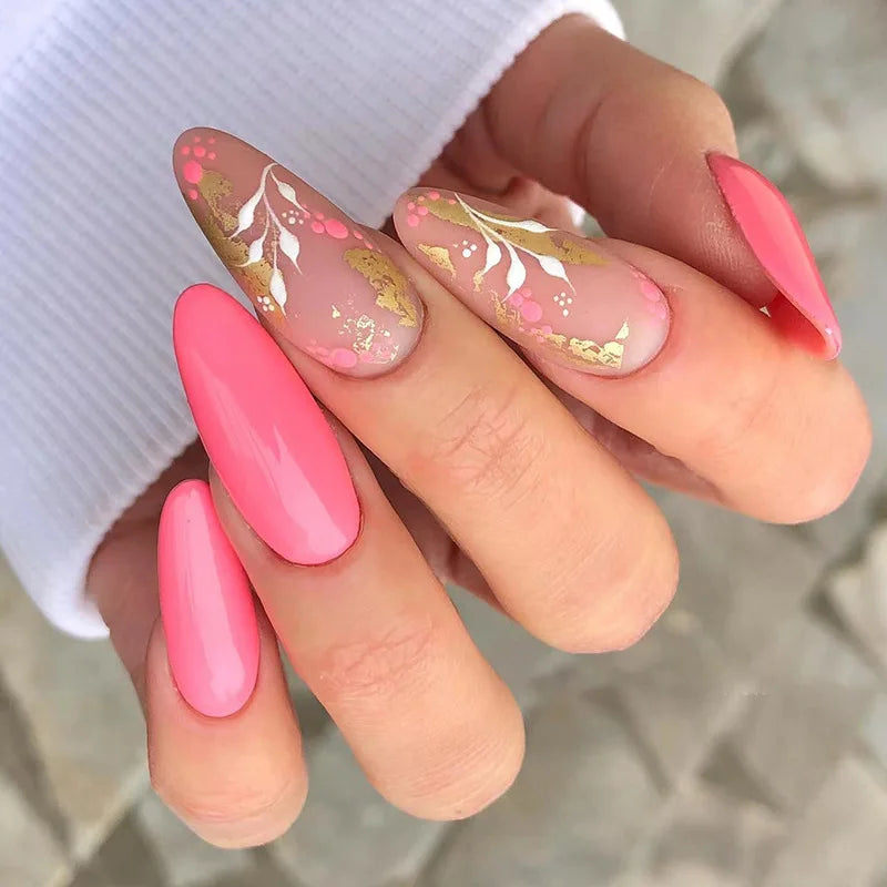 24Ps/Set Almond Slant Gold Line Lotus Pink Fake Nails