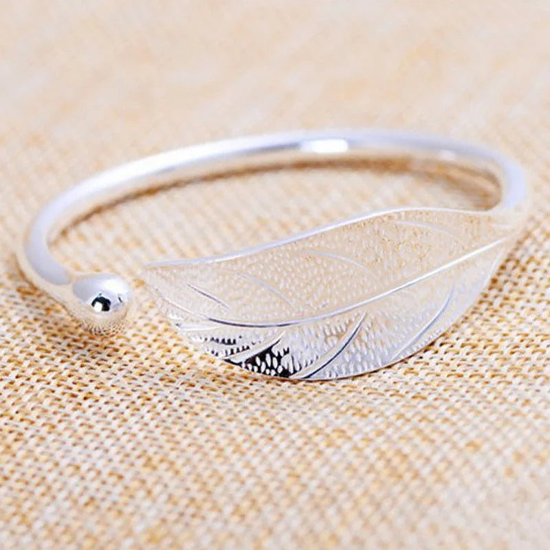 Sterling Silver Woman Cuff Bracelet Open Leaf Shaped Adjustable Charm