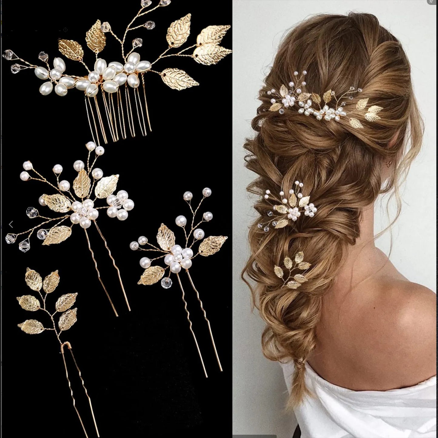 Pearl Flower Hairpin Side Comb Golden Leaf