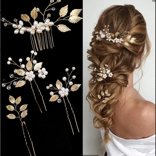 Pearl Flower Hairpin Side Comb Golden Leaf