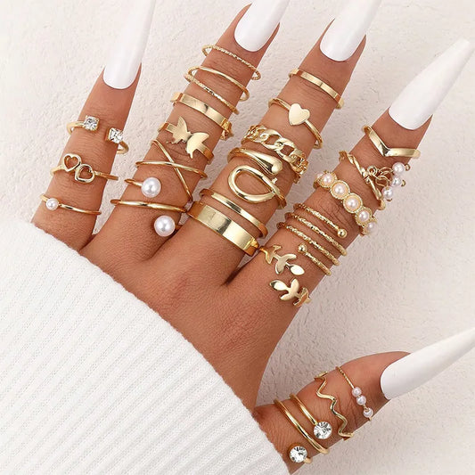 22Pcs/Set Gold Color Heart Snake Rings Set