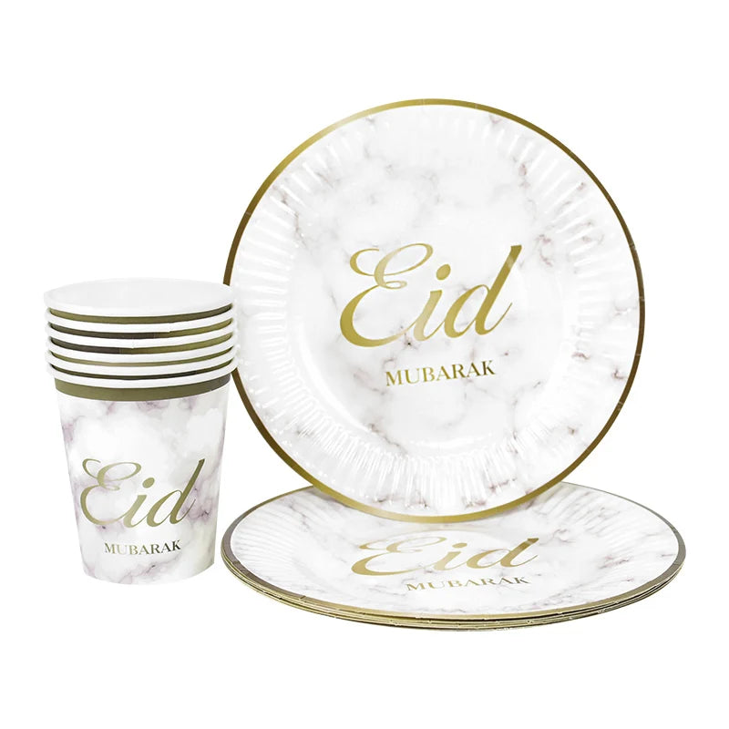 6/12Pcs Eid Mubarak Disposable Tableware Paper Plates Cups