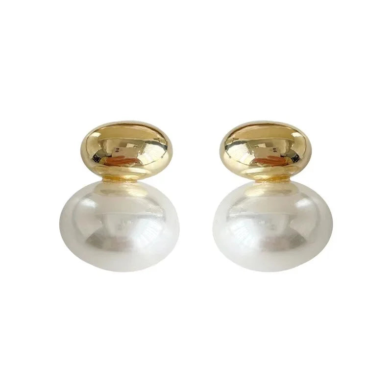 French Elegant Gold Color Bean Spliced Flat Pearl Earrings