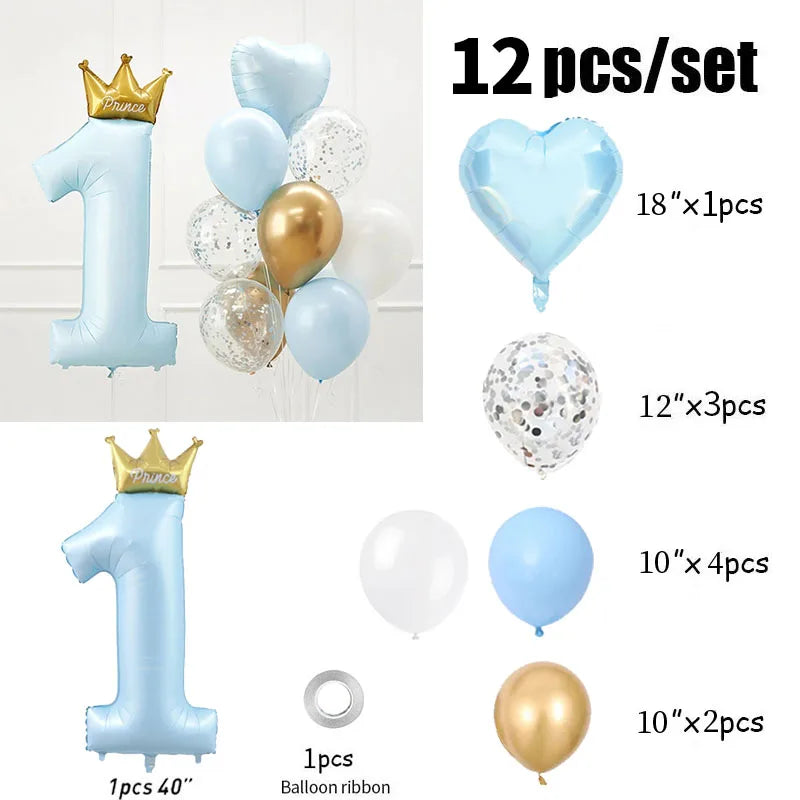 Prince Crown Number Foil Balloons 1st Birthday Party Decorations