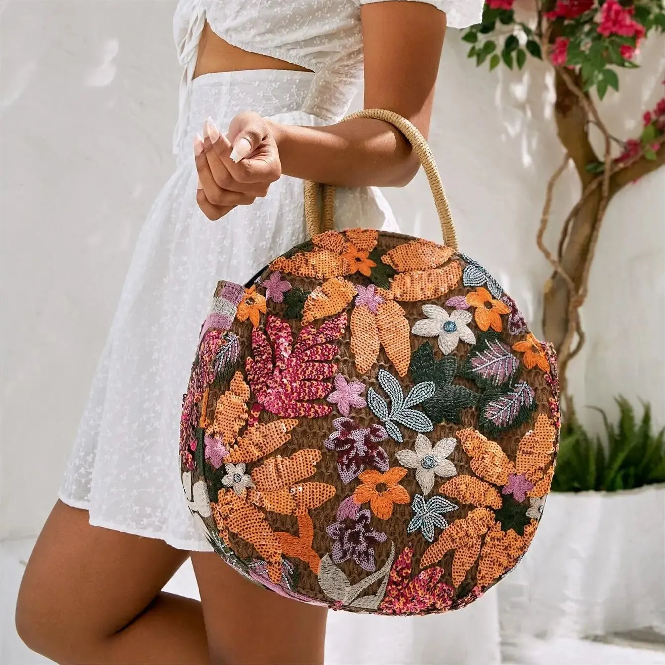 Floral Sequins and Straw Tote Bag,