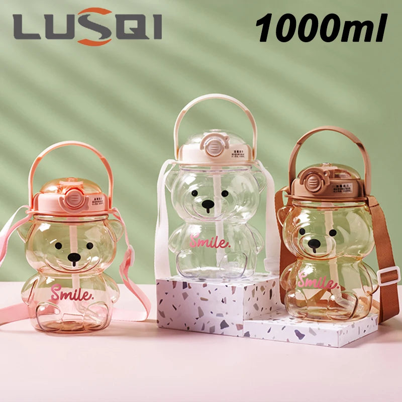 LUSQI 1L Cute Bear Water Cup With Straw