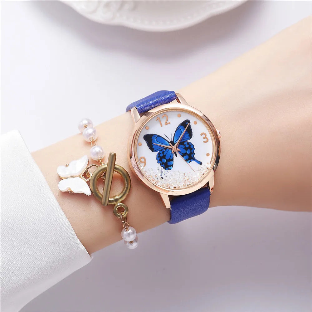 Simple Belt Ladies Watch Butterfly Pattern