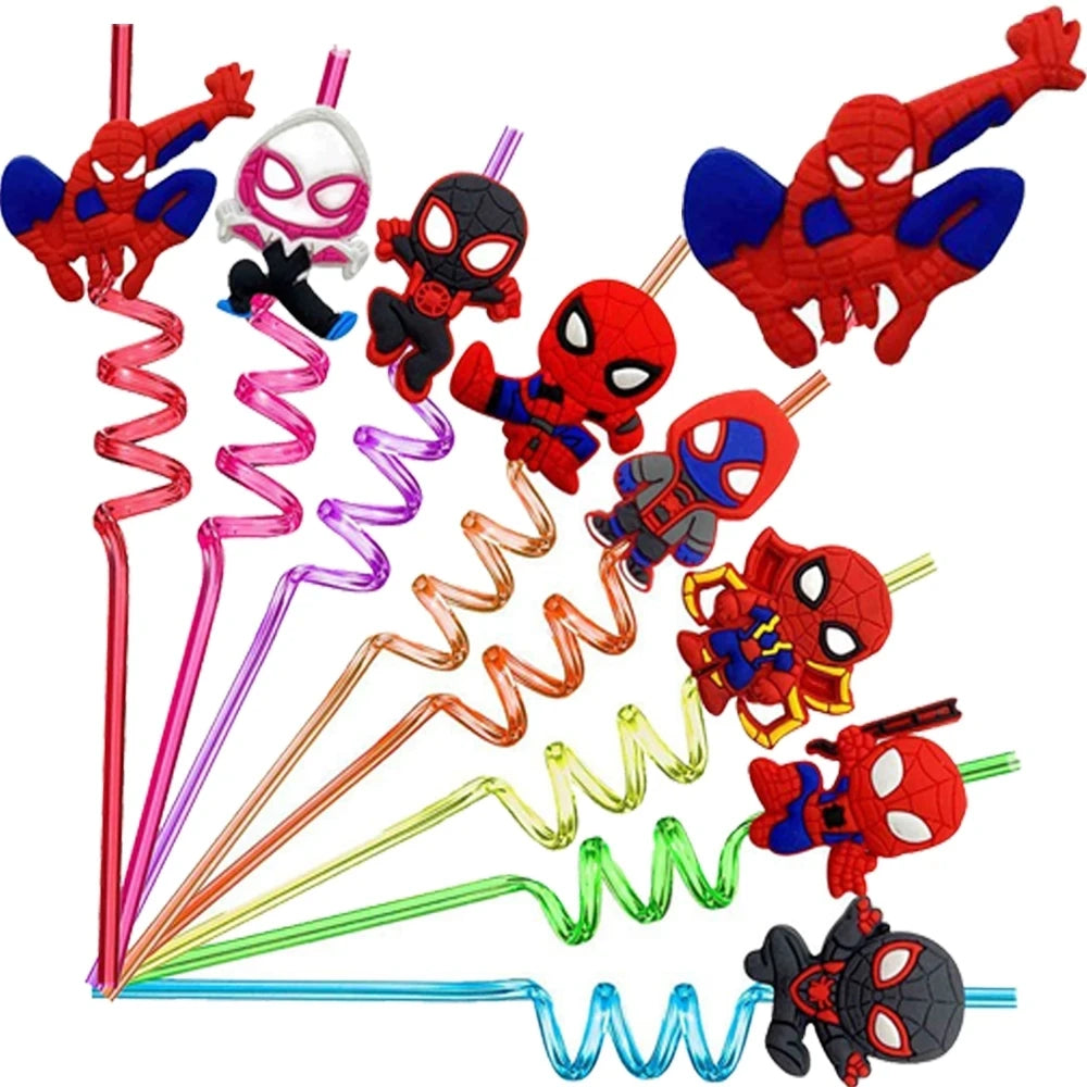 6Pcs Lilo & Stitch Winnie  Mickey Mouse Spiderman Reusable Drinking Straws