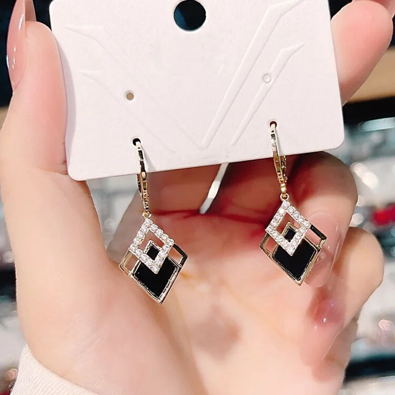 Luxury Trend Black Color Double Layer Earrings For Women  Zircon Geometric Earring