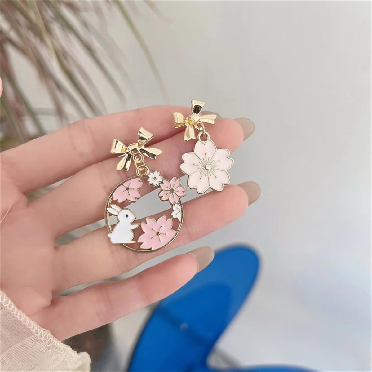 Korean Fashion Bow Rabbit Asymmetric Dangle Earrings