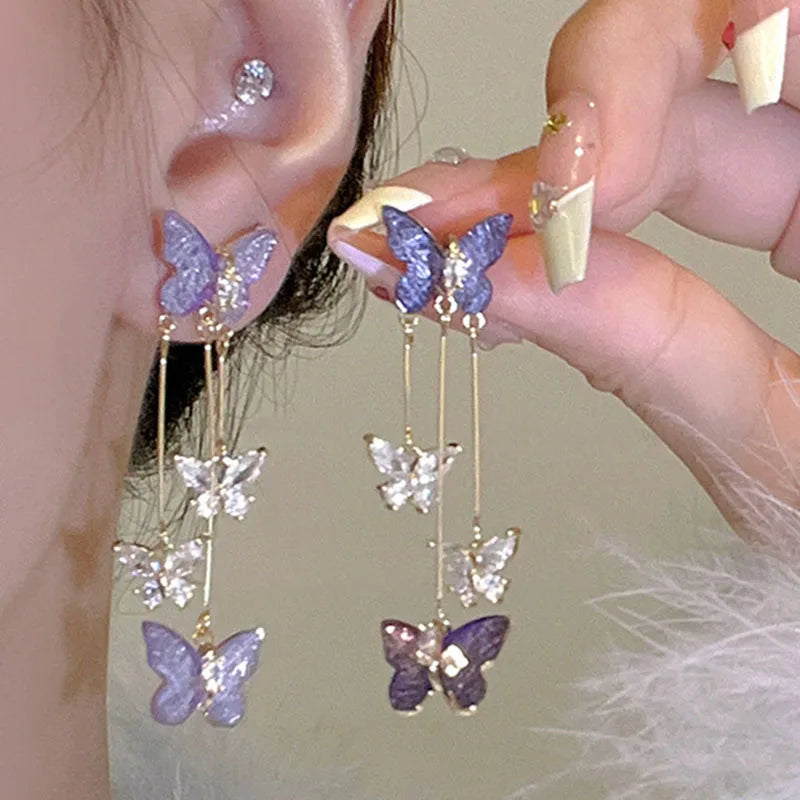 Silver Needle Purple Butterfly Long Tassel Earrings