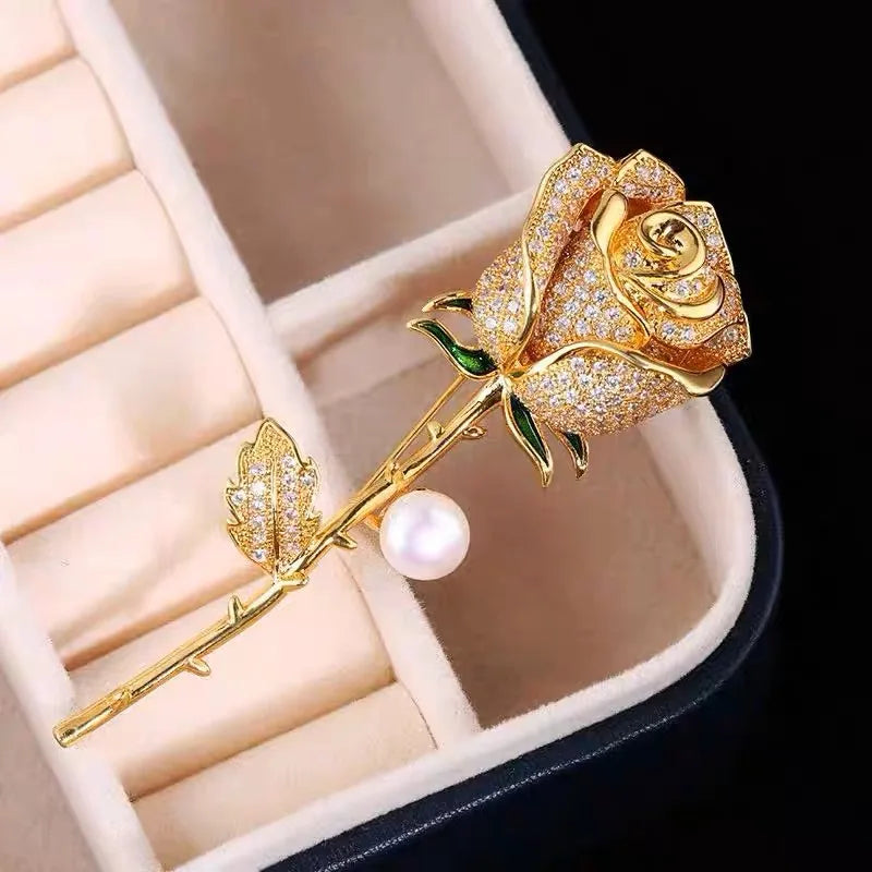 Elegant Gold Color Rose Flower Brooches