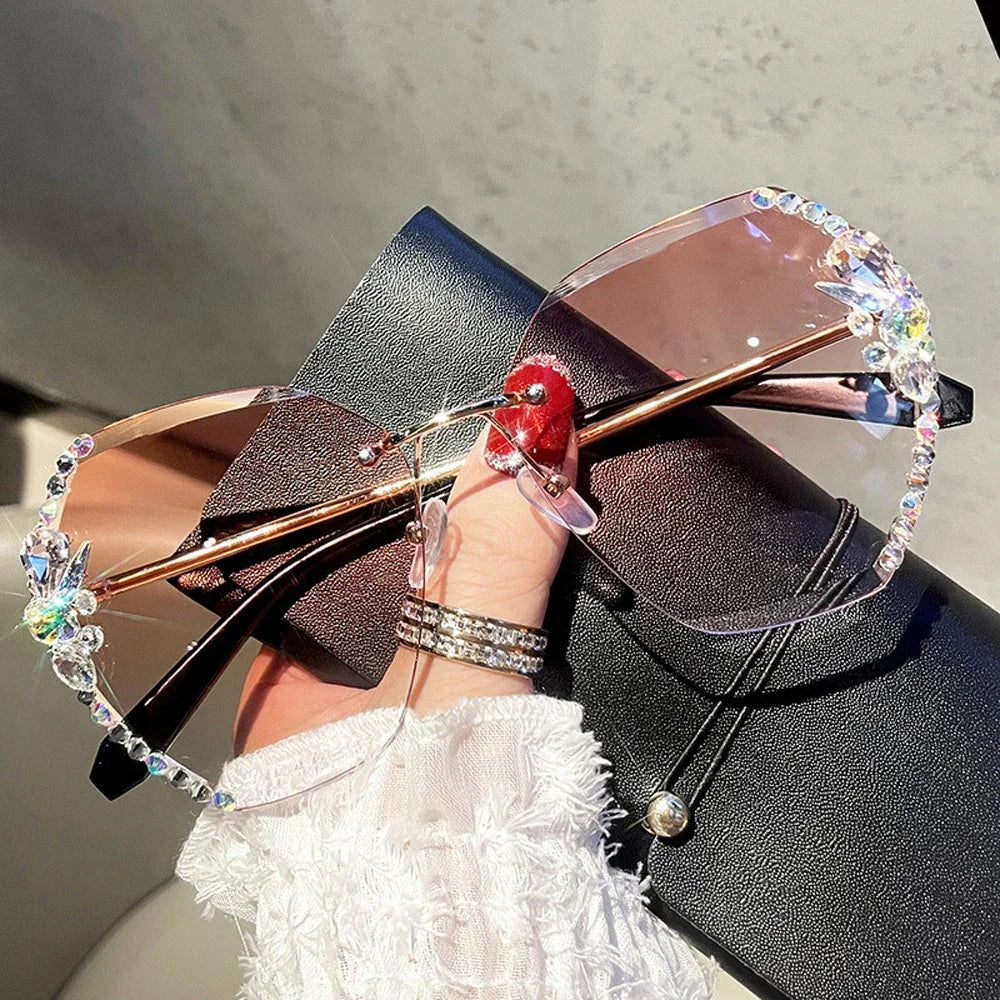 Luxury Brand Design Vintage Rimless Rhinestone Sunglasses