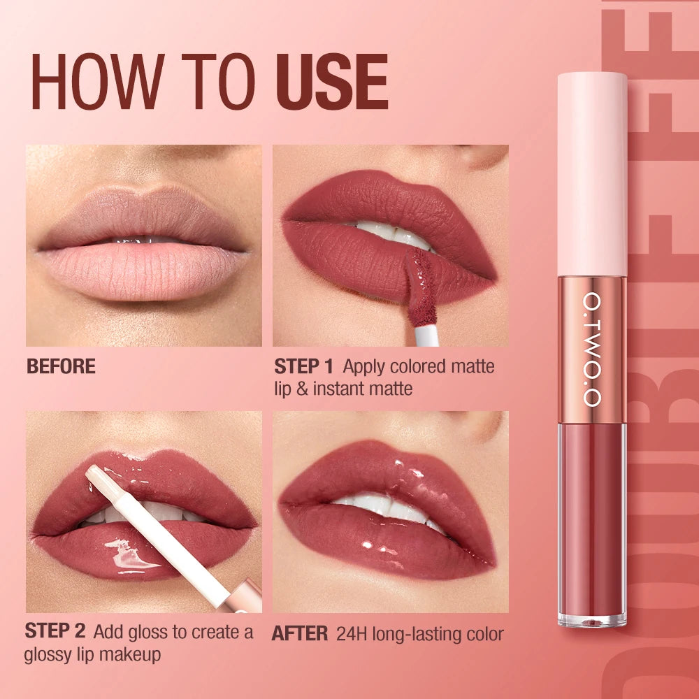 Matte Lipstick Double Head Lip Coat 24HR Non-stick Cup Lip Gloss Tint Plumper Long Lasting Waterproof