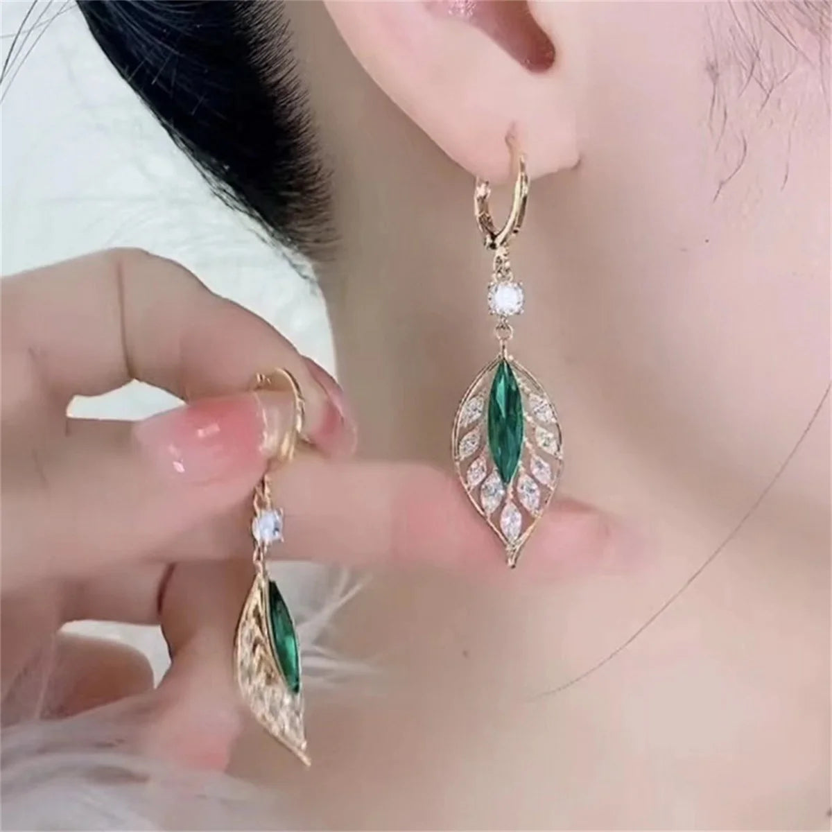 Crystal Leaf Tassel Drop Earrings