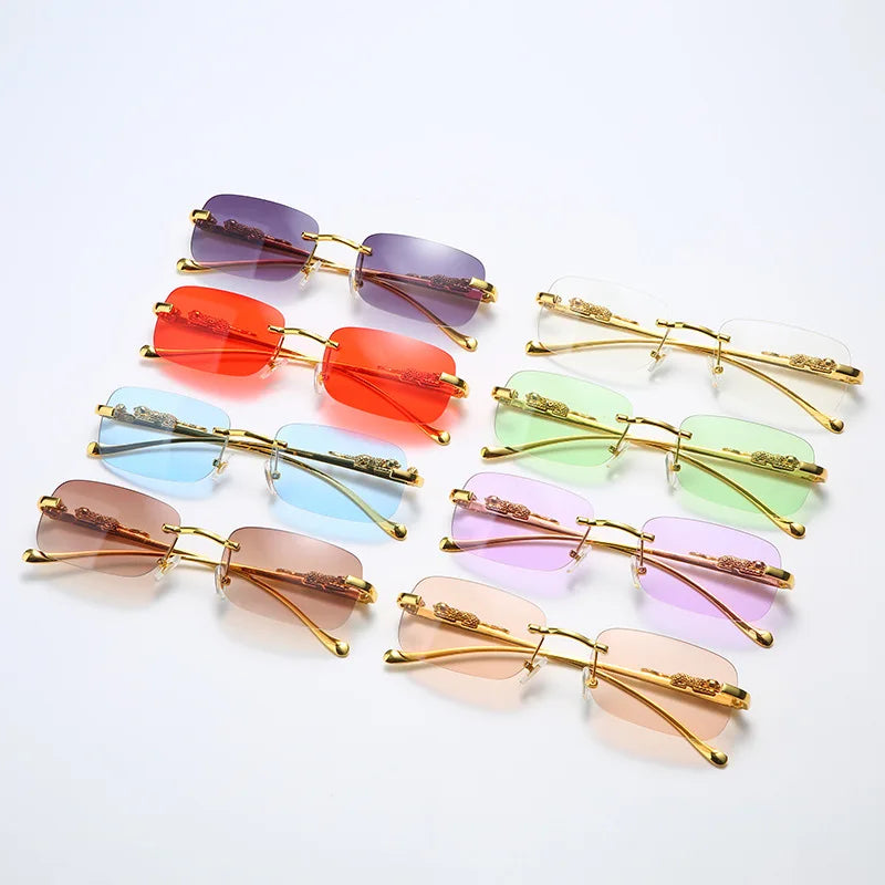 New Rimless Rectangle Vintage Metal Leopard Head Sunglasses