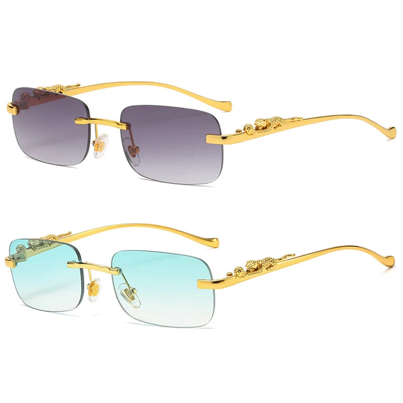 New Rimless Rectangle Vintage Metal Leopard Head Sunglasses