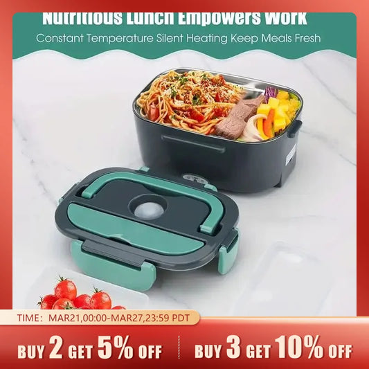 2-In-1 Electric Heating Lunch Box Car + Home 12V/220/110V Portable Stainless Steel Liner Bento Lunchbox Food Container