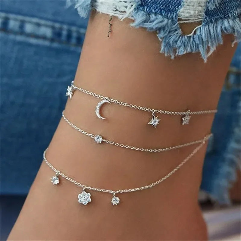 Fashion Heart Cross Rhinestone Multi-Layer Chain Anklet