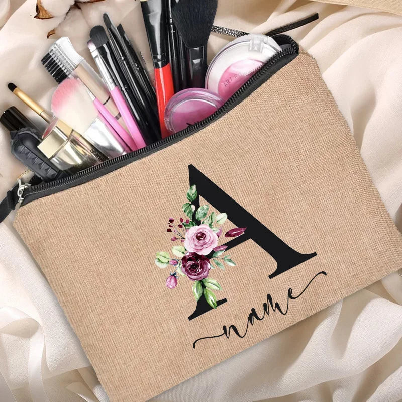 Customized  Name Linen Cosmetic Bag