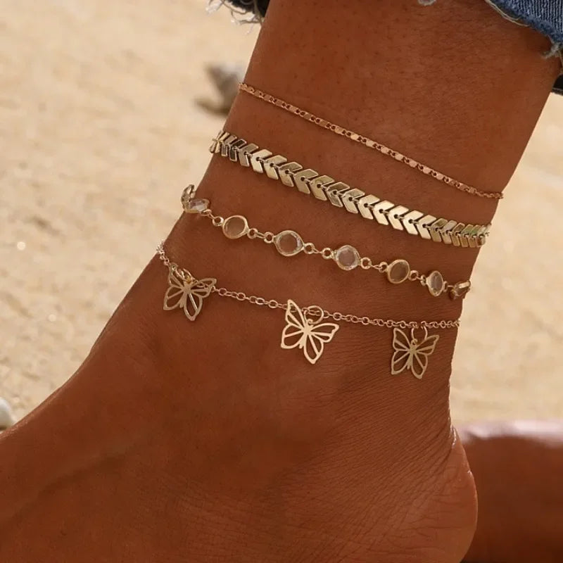 Fashion Heart Cross Rhinestone Multi-Layer Chain Anklet