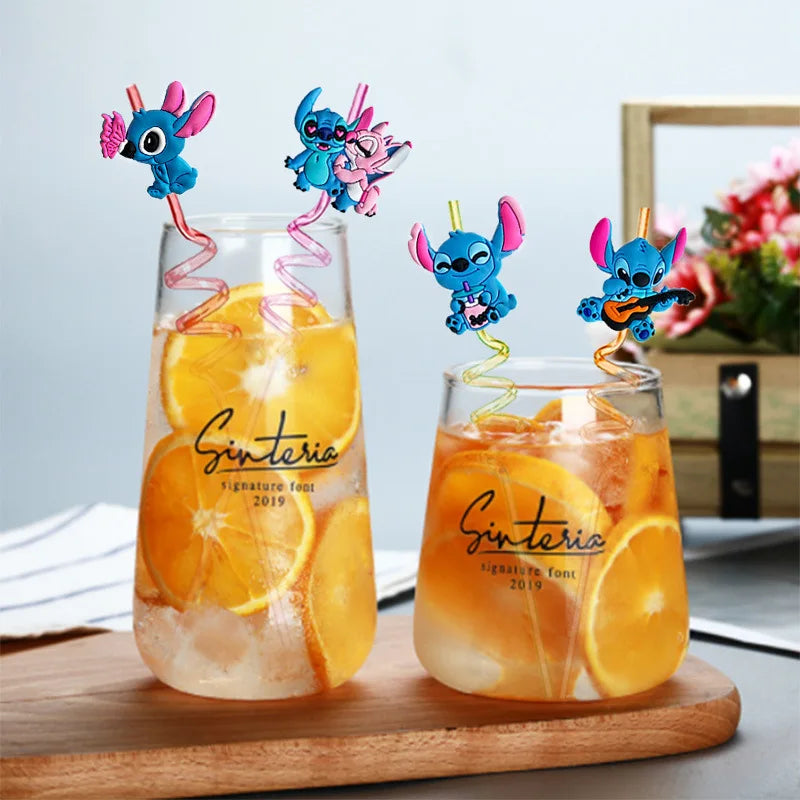 6Pcs Lilo & Stitch Winnie  Mickey Mouse Spiderman Reusable Drinking Straws