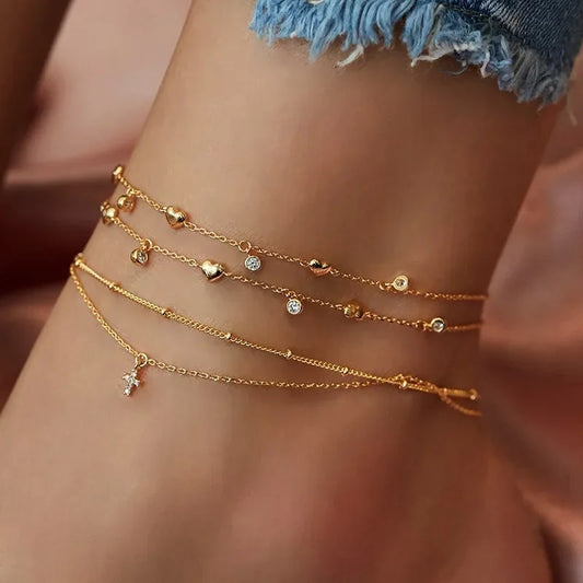 Fashion Heart Cross Rhinestone Multi-Layer Chain Anklet