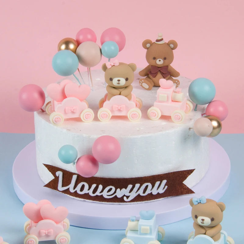 Birthday Cake Toppers Cute Pink Blue Bear