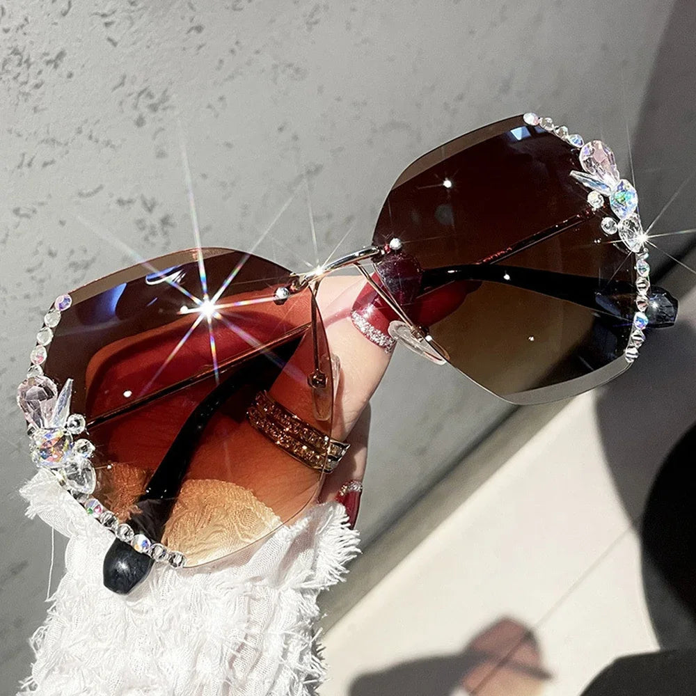 Luxury Brand Design Vintage Rimless Rhinestone Sunglasses