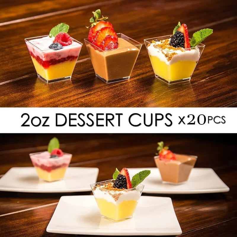 20 X 2oz Square Mini Dessert Cups With Spoons,