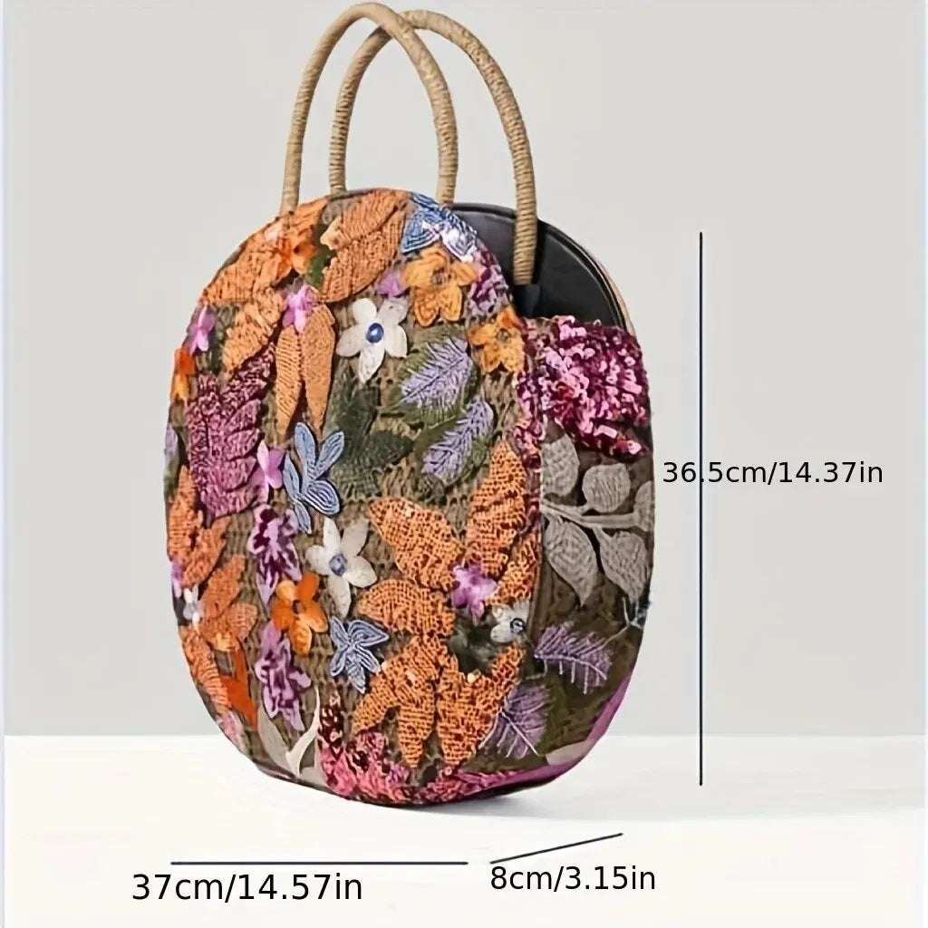 Floral Sequins and Straw Tote Bag,