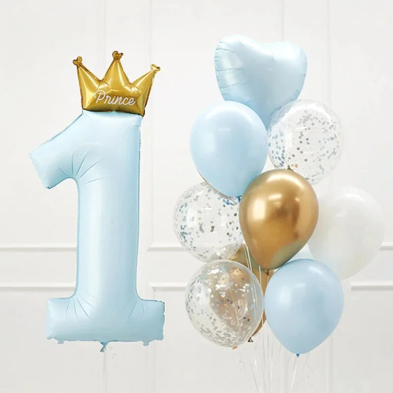 Prince Crown Number Foil Balloons 1st Birthday Party Decorations