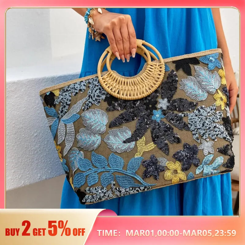 Evening Style Handbag, Shiny Sequined Flowers,