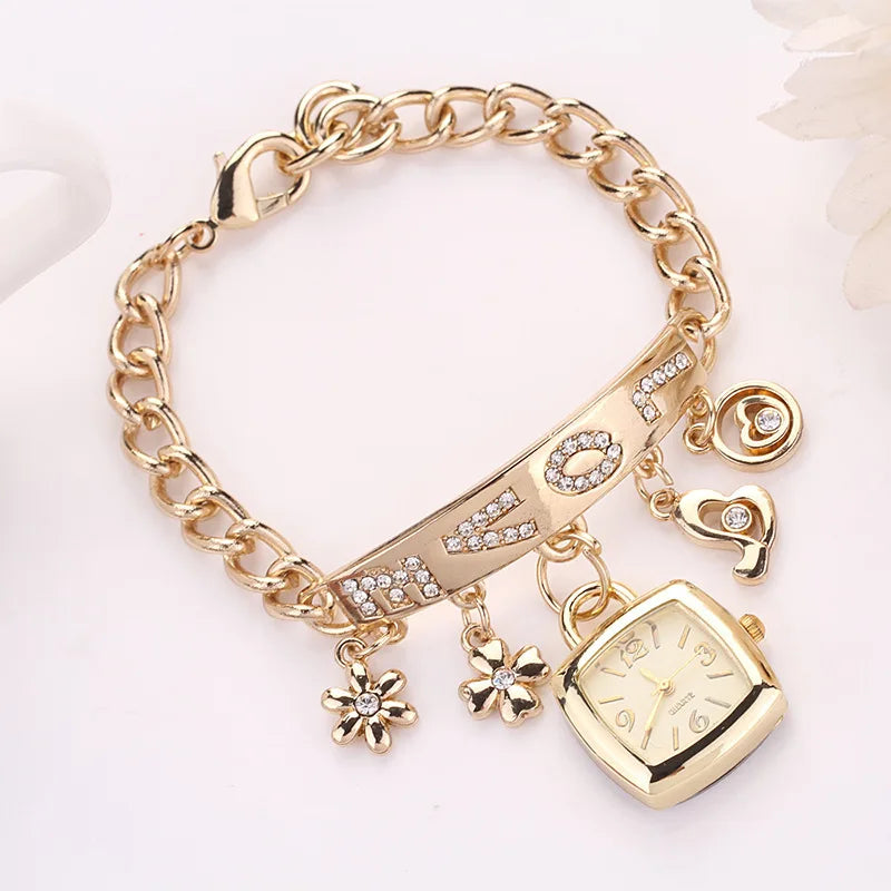 Women Watches with Letters Rhinestone Inlaid Chain Bracelet